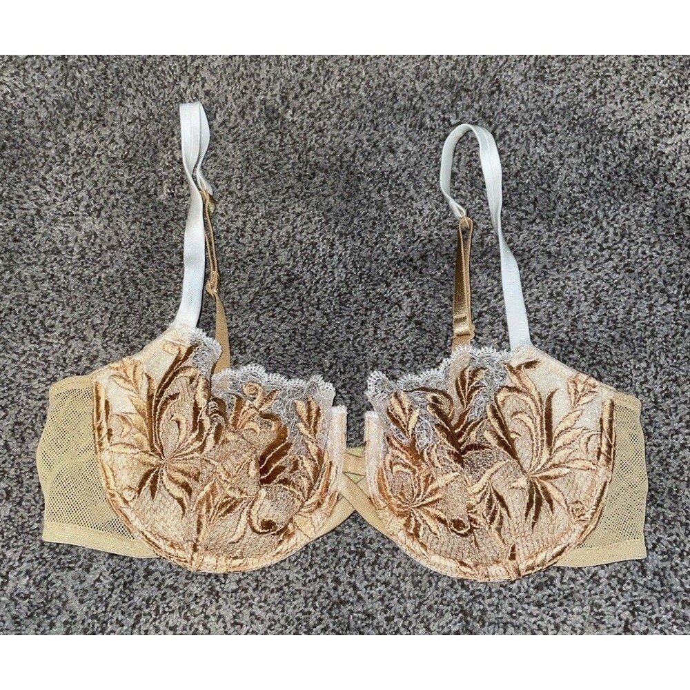 Victoria's Secret 36C Body By Victoria Embroidered Lace Unlined Bra Demi Gold